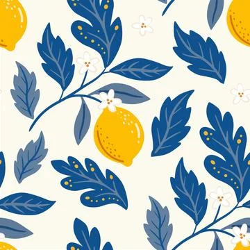Colorful Lemon and Leaf Pattern on Light Background With Flowers in a Design Stock Illustration