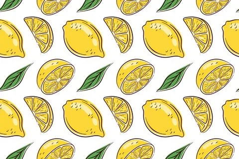 Colorful lemon pattern with bright yellow fruit, green leaves and juicy slice Stock Illustration
