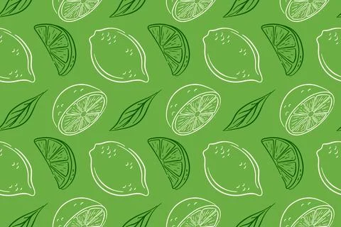 Colorful lemon pattern with citrus fruit and juicy slice in line art style Stock Illustration