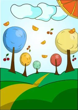 Colorful light forest with oranges and cherries Stock Illustration