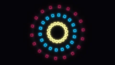 Colorful light patterns form a circular design on a dark Stock Footage 338316989