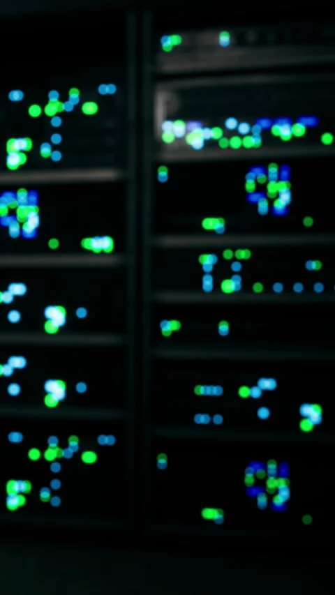 Colorful lights and patterns seen on high tech server room equipment Stock Footage 334203303