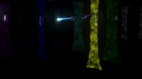 Colorful lights dance through an abstract forest at night Video stock 320391893