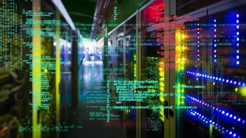 Colorful lights in server towers Stock Footage 107684201