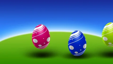 Colorful Line of Easter Eggs Hop Through the Screen - Green Grass and Sky Stock Footage 104846860