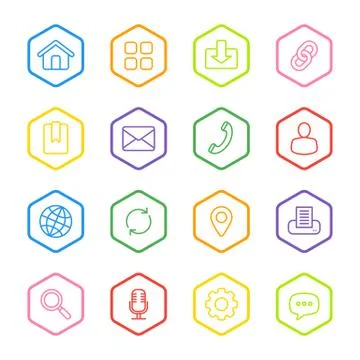 Colorful line web icon set with hexagon frame Stock Illustration