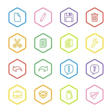 Colorful line web icon set with hexagon frame Stock Illustration