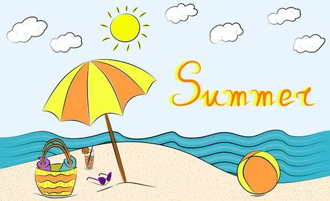 A colorful linear doodle of a sunny summer day. White background. Stock Illustration