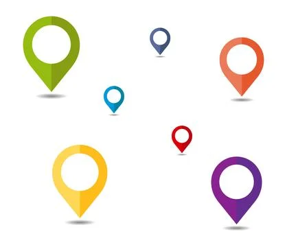 Colorful location indicator flat vector icon set on white background. Set o.. Stock Illustration