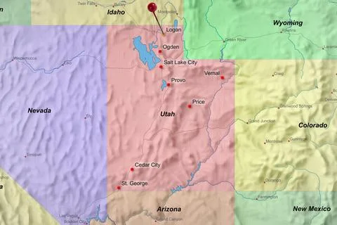 Colorful location map with red stick pin at Logan, Utah, United States of Stock Photos
