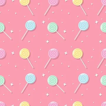 Colorful Lollipop Candy Seamless Pattern on Pink Background with Sparkling .. Stock Illustration