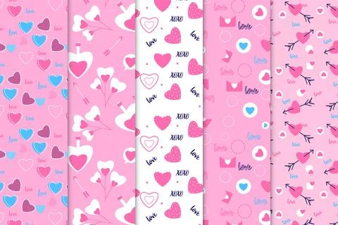 Colorful love pattern bundle with cute love elements vector. Romantic seamles Stock Illustration