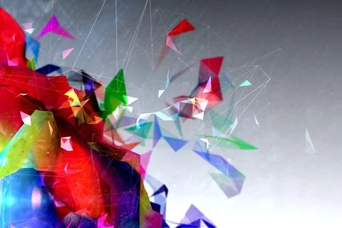 Colorful low-poly shards are clustering on grey gradient backdrop flat design 스톡 일러스트