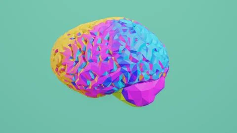 Colorful low poly side view brain 3D render isolated on background 스톡 일러스트