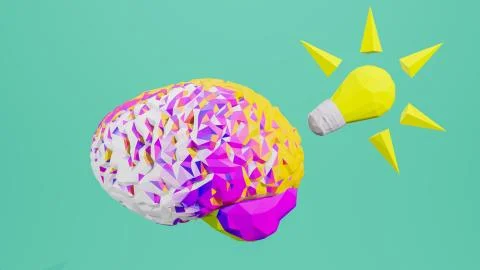 Colorful low poly side view brain 3D render isolated on background 스톡 일러스트