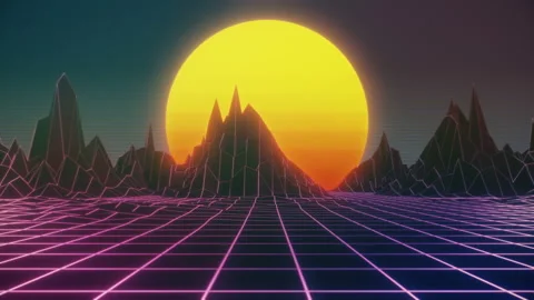 Colorful low poly wireframe sun among mountains parallax 4k looping background Video stock 143165087