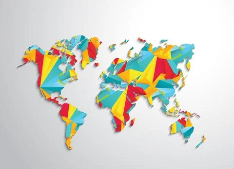 Colorful Low poly world map. The different color shades of each continent Stock Illustration