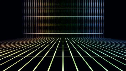 A colorful luminous grid extending and bending in a dark space 스톡 일러스트