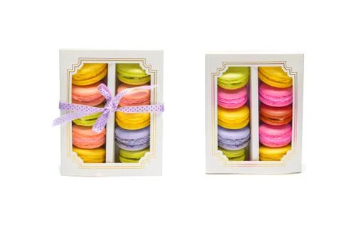 Colorful macarons in box Stock Photos