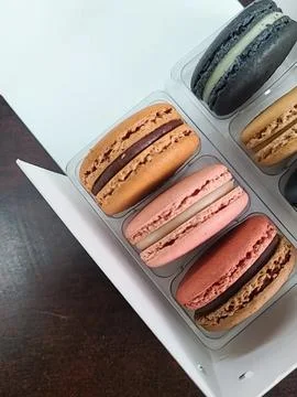 Colorful macarons with a delicate, crispy shell and soft, flavorful filling.. Stock Photos