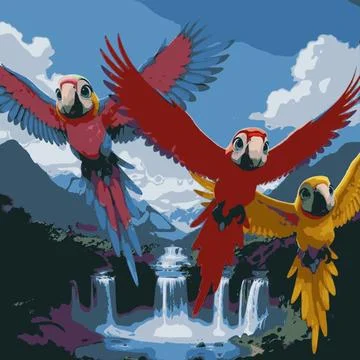 Colorful Macaws Flying Over a Forest Waterfall Stock Illustration