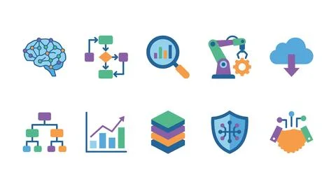 Colorful machine learning and artificial intelligence icon set including br.. Illustrazione stock
