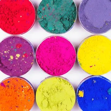 Colorful make-up jars as a make-up texture. Flat lay Stock Photos
