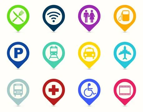 Colorful map legend flat vector symbols and icon set on white background. S.. Stock Illustration