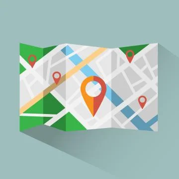 Colorful map with map pointers digital vector icon. Stock Illustration