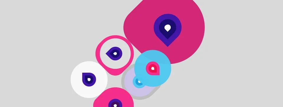 Colorful map markers float above gray background. Shapes vary in size, creati Ilustração Stock