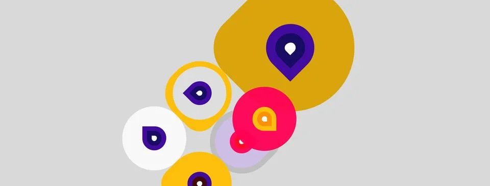 Colorful map markers float above gray background. Circles, pins suggest loc.. Ilustração Stock