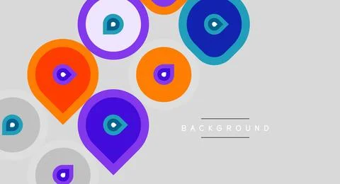 Colorful map markers float over gray backdrop. Circles, purple, orange, teal Ilustração Stock