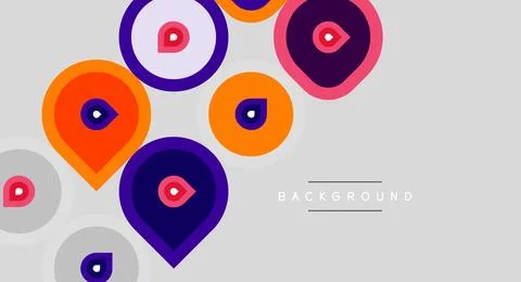 Colorful map markers float over gray backdrop. Circles, shapes overlap creati Ilustração Stock