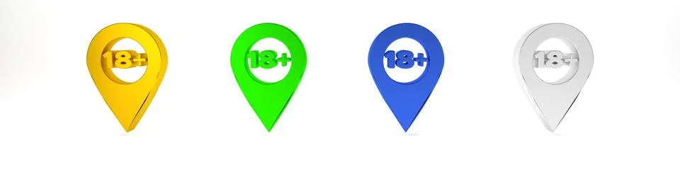 Colorful Map pointer with 18 plus icon isolated on white background. Age re.. Stock Photos