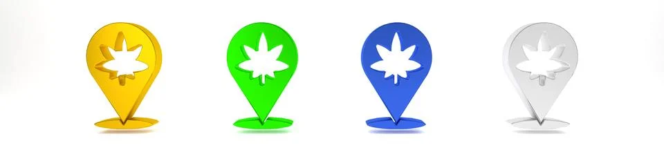Colorful Map pointer and marijuana or cannabis leaf icon isolated on white .. 스톡 사진