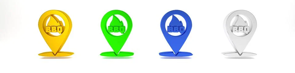 Colorful Map pointer with barbecue icon isolated on white background. Fire .. Stock Photos