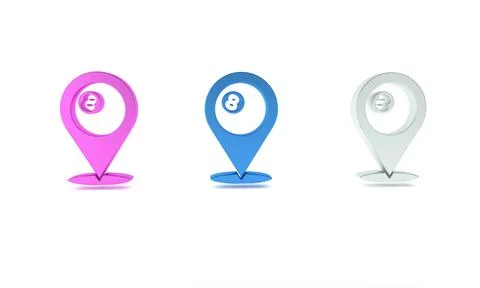 Colorful Map pointer with billiard pool snooker ball with number 8 icon iso.. Stock Illustration