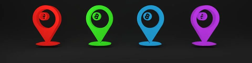 Colorful Map pointer with billiard pool snooker ball with number 8 icon iso.. Stock Illustration