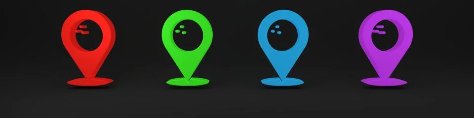 Colorful Map pointer with bowling ball icon isolated on black background. S.. Stock Illustration