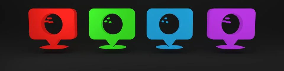 Colorful Map pointer with bowling ball icon isolated on black background. S.. Stock Illustration