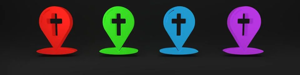 Colorful Map pointer with christian cross icon isolated on black background.. 库存插图
