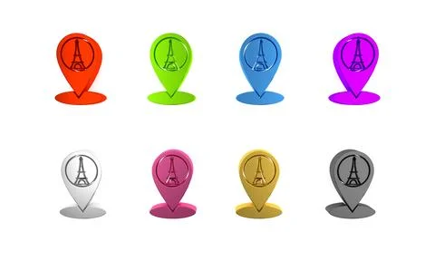 Colorful Map pointer with Eiffel tower icon isolated on white background. F.. Stock Illustration