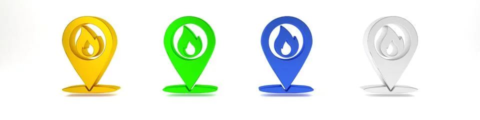 Colorful Map pointer with fire flame icon isolated on white background. Fir.. Stock Photos
