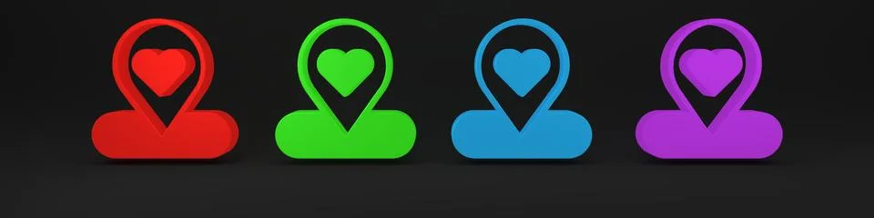 Colorful Map pointer with heart icon isolated on black background. Valentin.. 库存插图