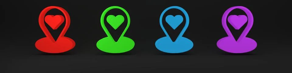 Colorful Map pointer with heart icon isolated on black background. Valentin.. 库存插图