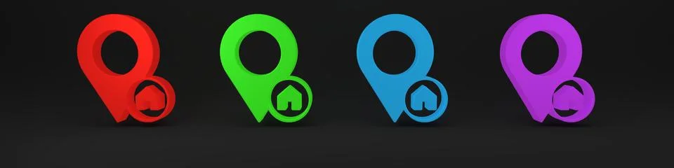 Colorful Map pointer with house icon isolated on black background. Home loc.. 库存插图