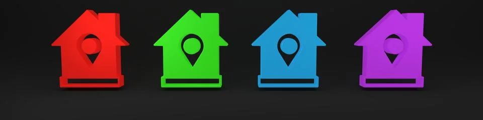Colorful Map pointer with house icon isolated on black background. Home loc.. 库存插图