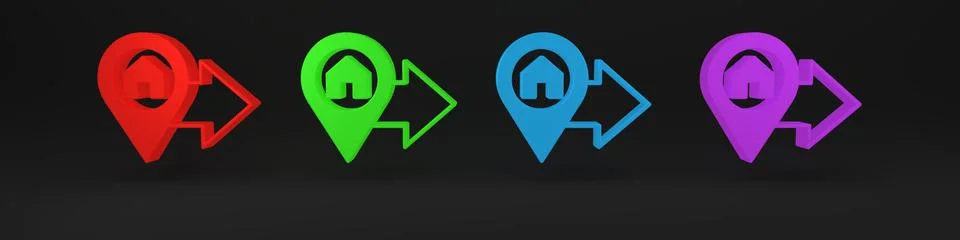 Colorful Map pointer with house icon isolated on black background. Home loc.. 库存插图