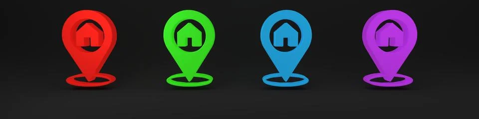 Colorful Map pointer with house icon isolated on black background. Home loc.. 库存插图
