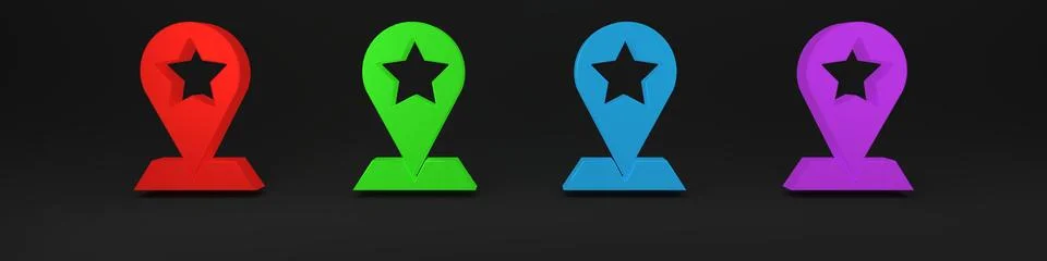 Colorful Map pointer with star icon isolated on black background. Star favo.. 库存插图
